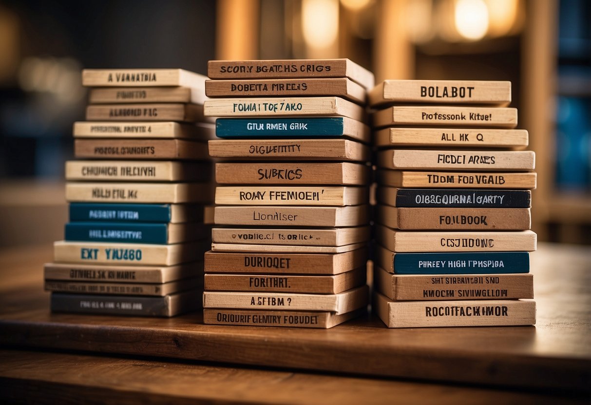 A stack of cheap wooden furniture with "Frequently Asked Questions" labels