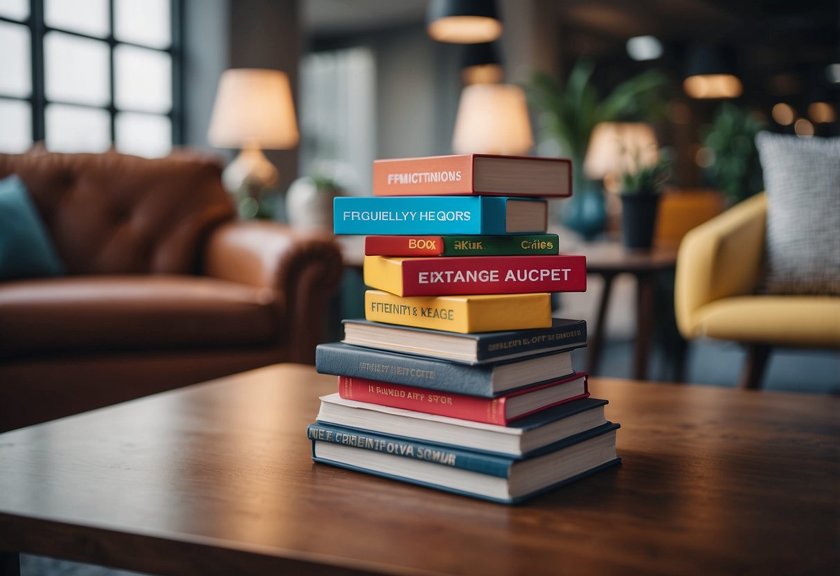 A stack of colorful furniture with a sign reading "Frequently Asked Questions" exchange offer