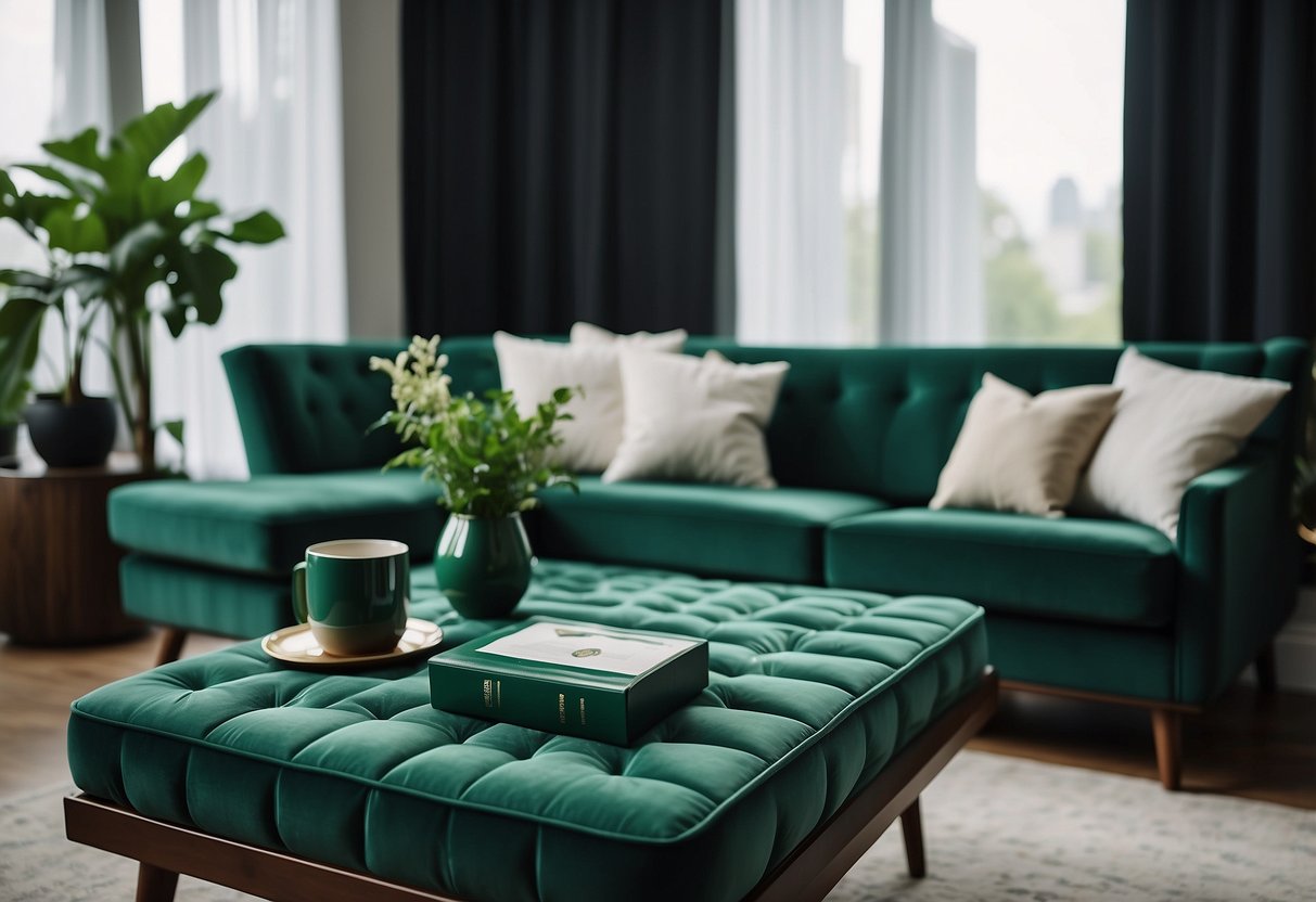 An emerald green furniture set arranged in a well-lit room, with a stack of FAQ pamphlets placed on the coffee table