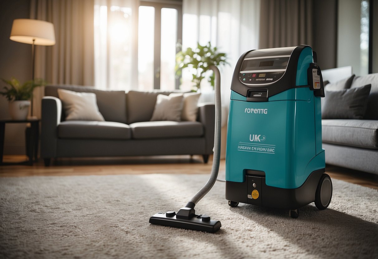 A rental machine cleaning furniture with FAQ list nearby