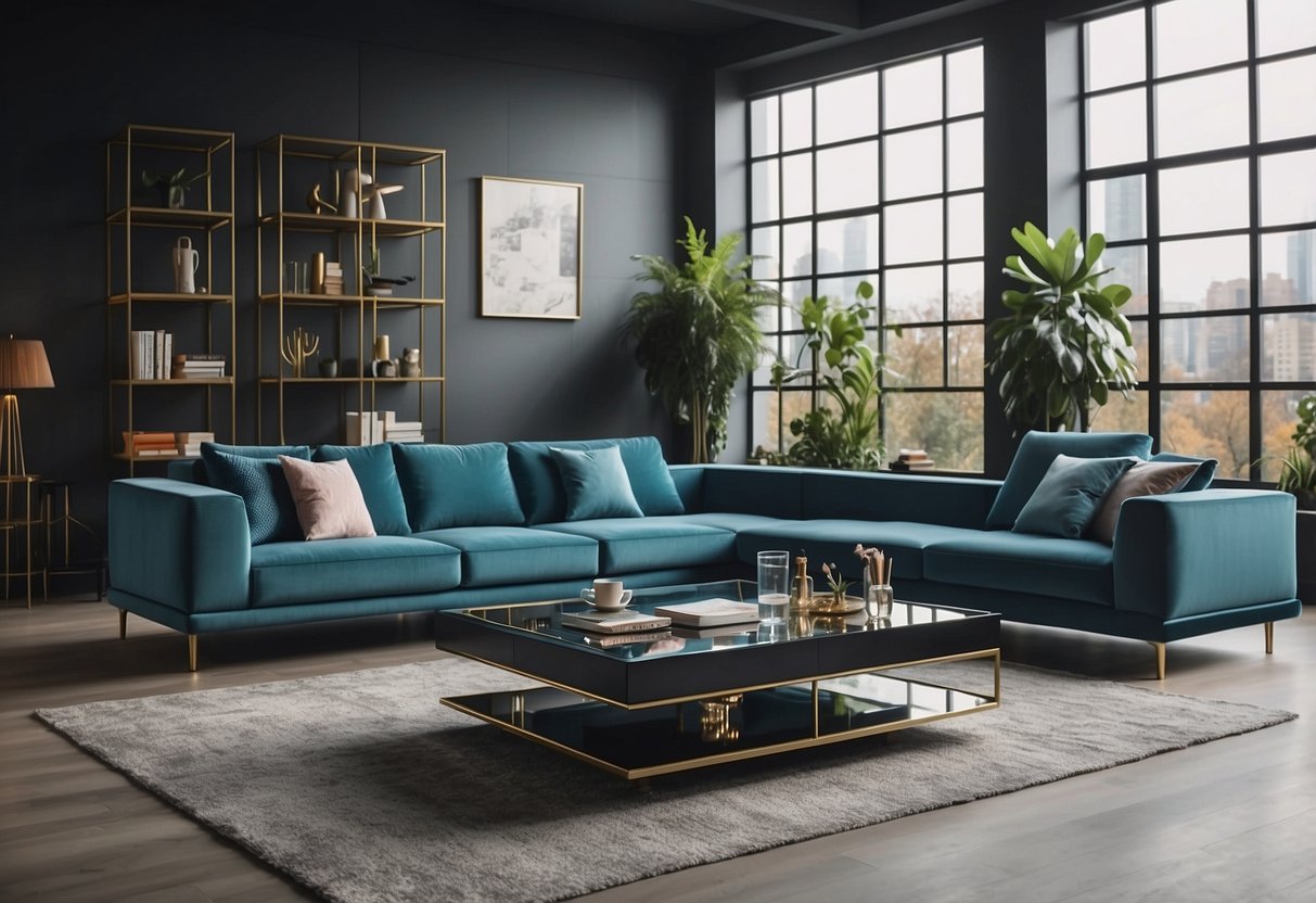 A room filled with modern furniture pieces in trendy colors and designs, with clean lines and innovative materials