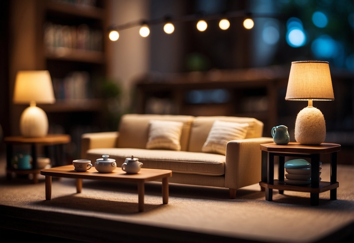 Miniature toy furniture arranged in a cozy living room setting, with a tiny sofa, coffee table, and bookshelf