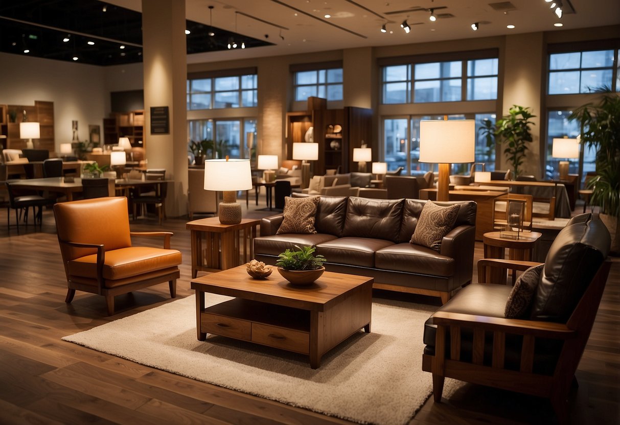 A cozy showroom displays various hardwood furniture pieces for sale. Bright lighting highlights the rich color and grain of the wood