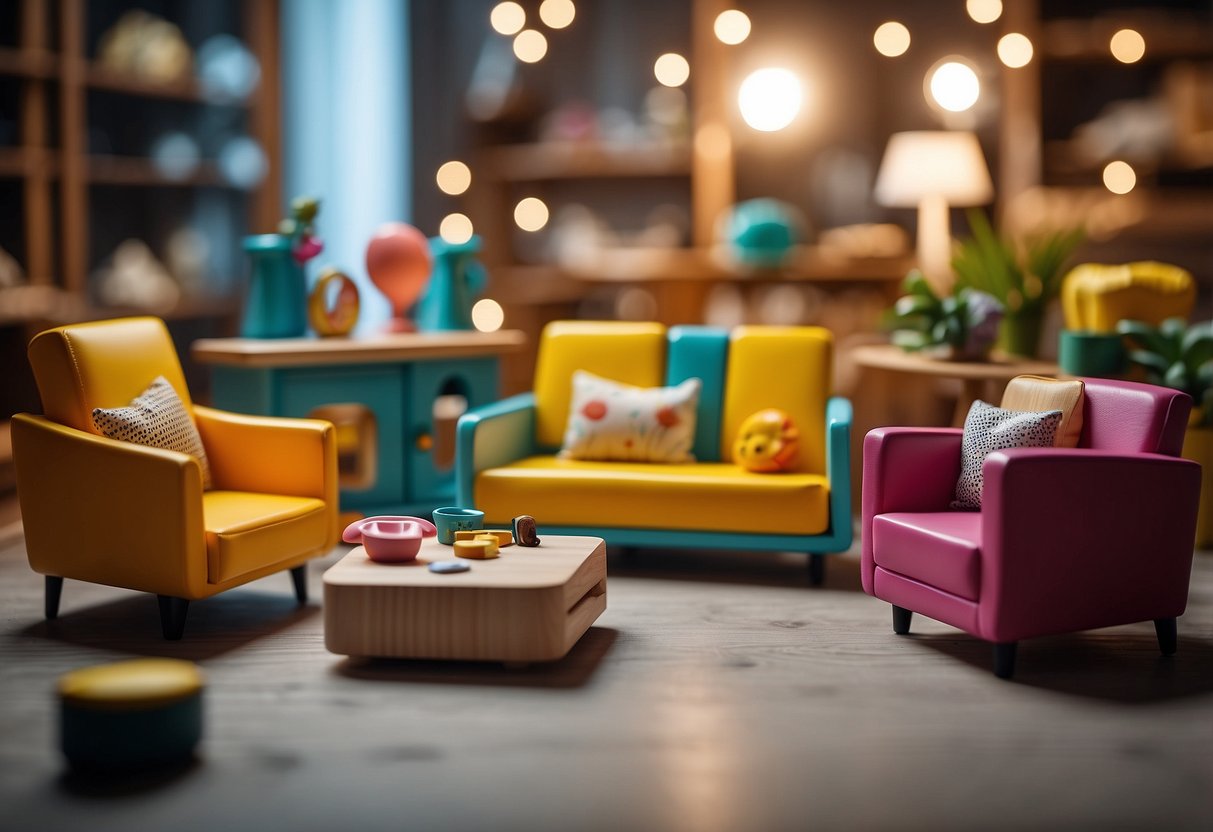 Various toy furniture pieces arranged in a playful display, showcasing a variety of styles and designs
