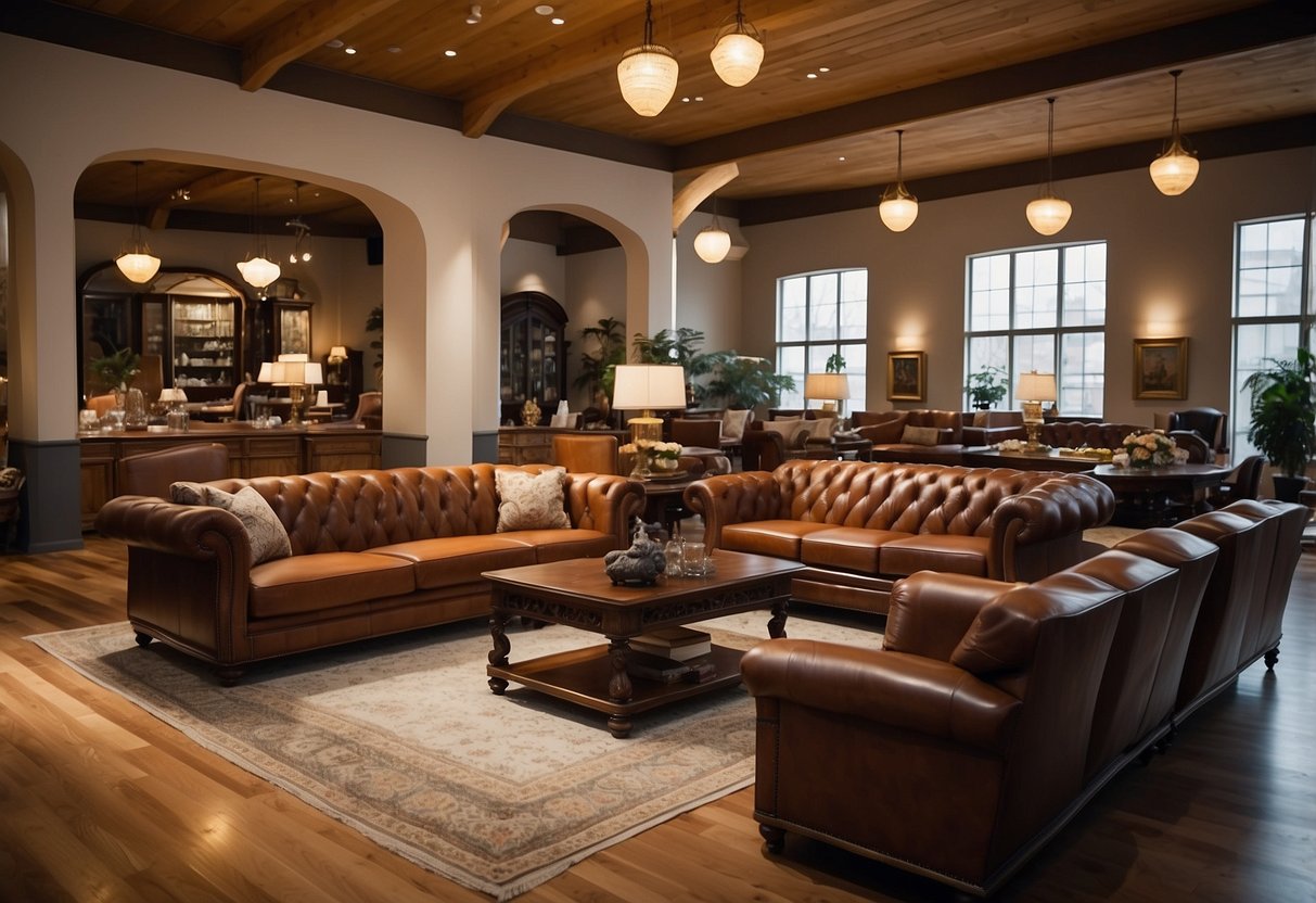 A showroom filled with rich, solid wood furniture in various styles and finishes, with natural light streaming in through large windows