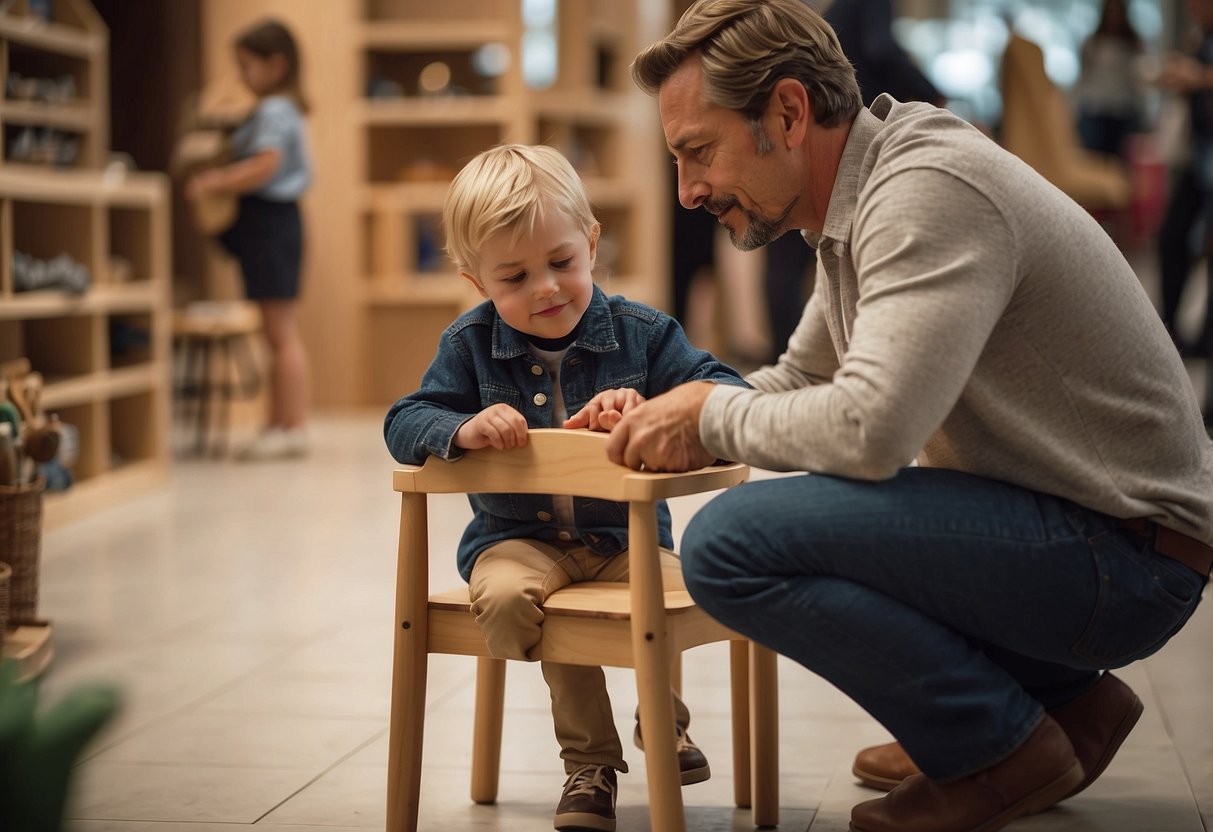 A child carefully selects a small wooden chair, while a parent speaks with a salesperson about customizing the toy furniture