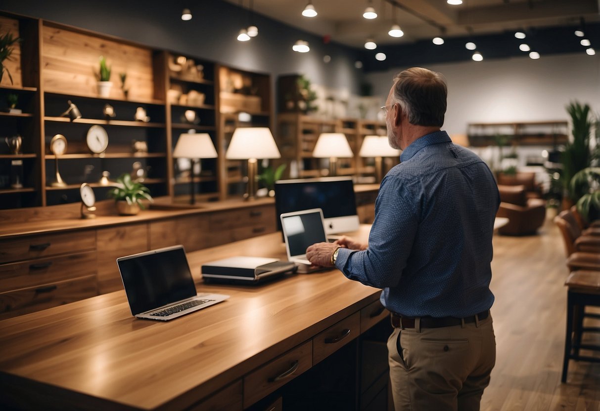 A customer browsing a showroom of high-quality hardwood furniture, with a salesperson providing care and maintenance tips