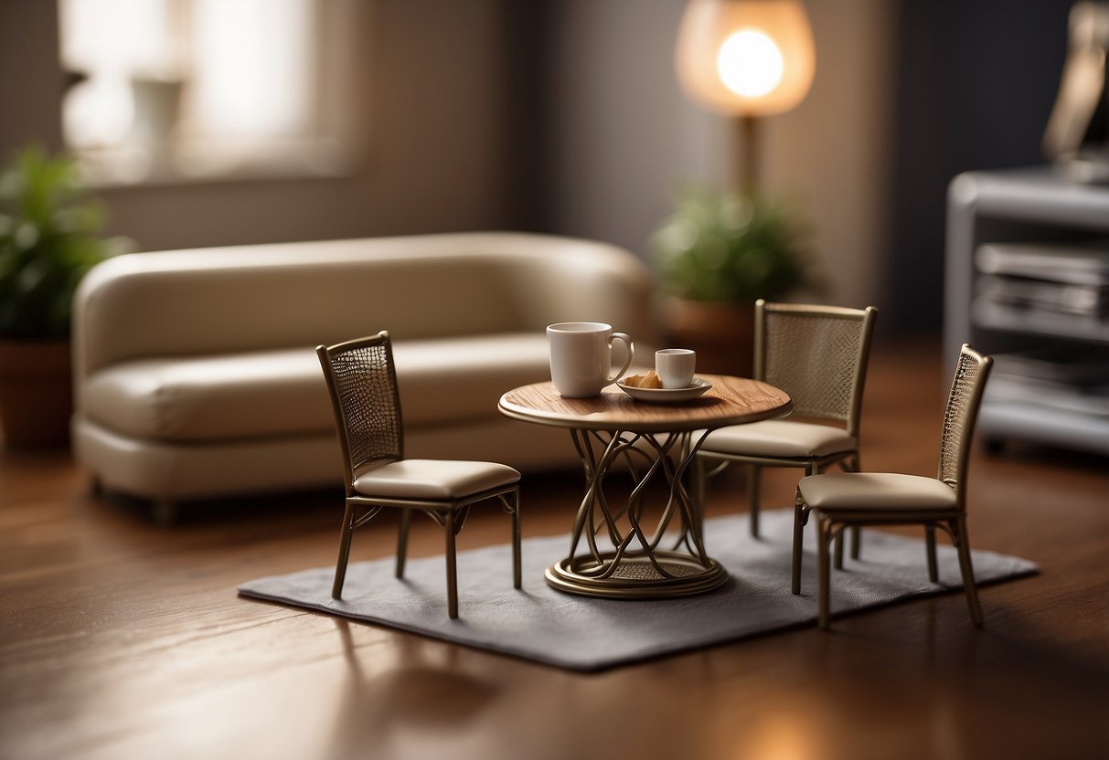 A miniature dining table surrounded by tiny chairs, a tiny bed with a matching nightstand, and a small sofa with a tiny coffee table