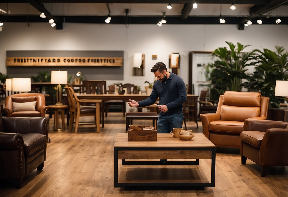 A customer browsing through a showroom filled with various styles of hardwood furniture, with a sign reading "Frequently Asked Questions: Where to buy hardwood furniture" displayed prominently