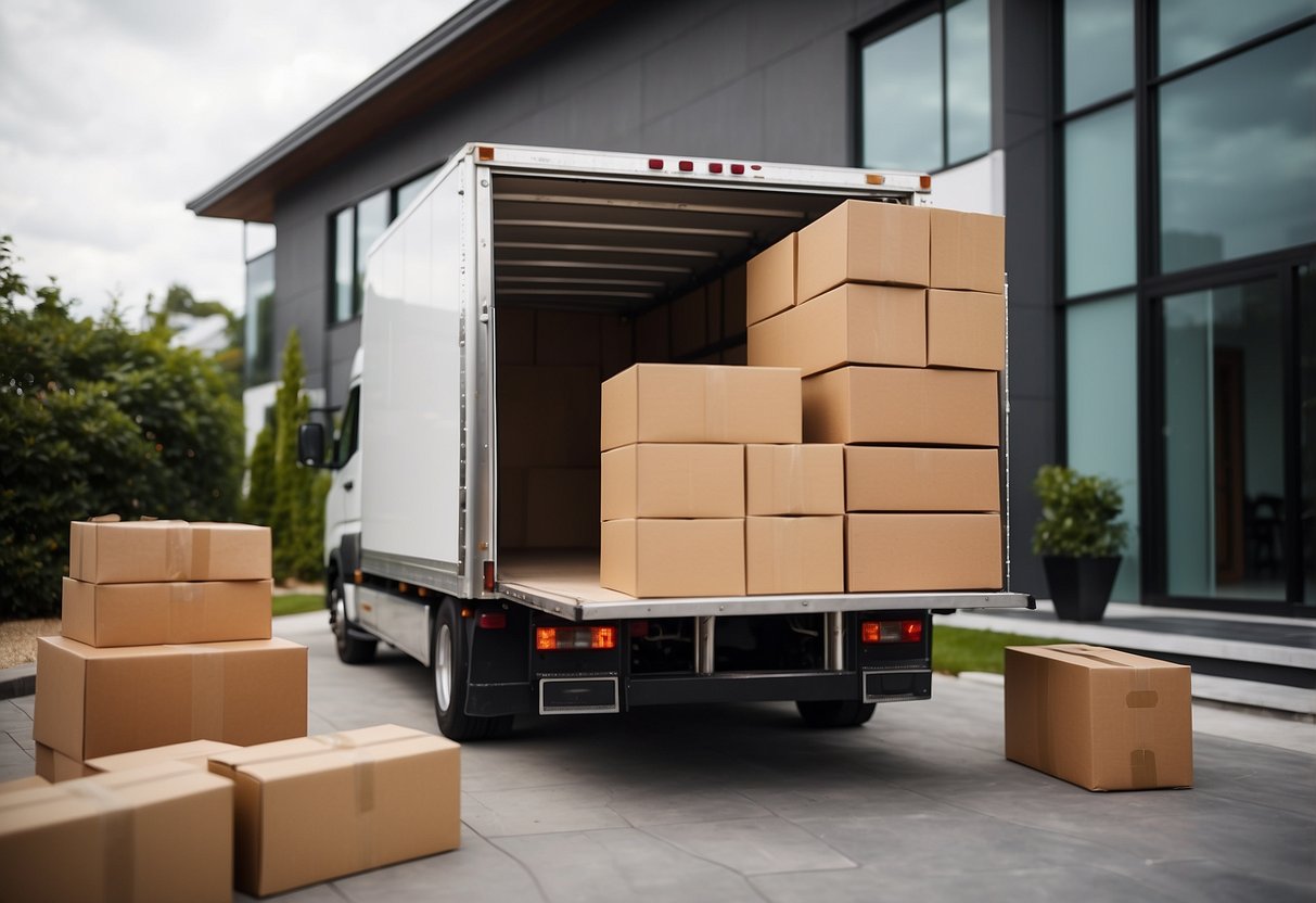 A delivery truck unloads luxury furniture at a modern home's entrance. Boxes and crates are stacked neatly, with a delivery team arranging the items