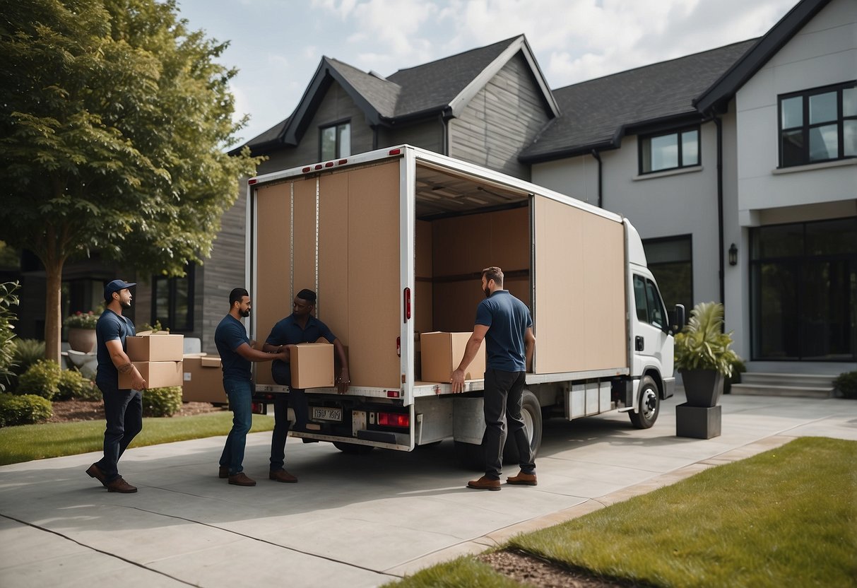 A delivery truck parked outside a modern home, with two workers unloading exclusive furniture from the back and carrying it towards the front door