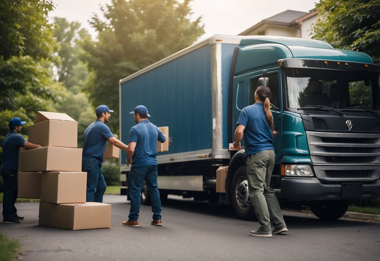 A delivery truck unloading exclusive furniture at a customer's home, with a team setting up the pieces and ensuring everything meets post-purchase support and policies