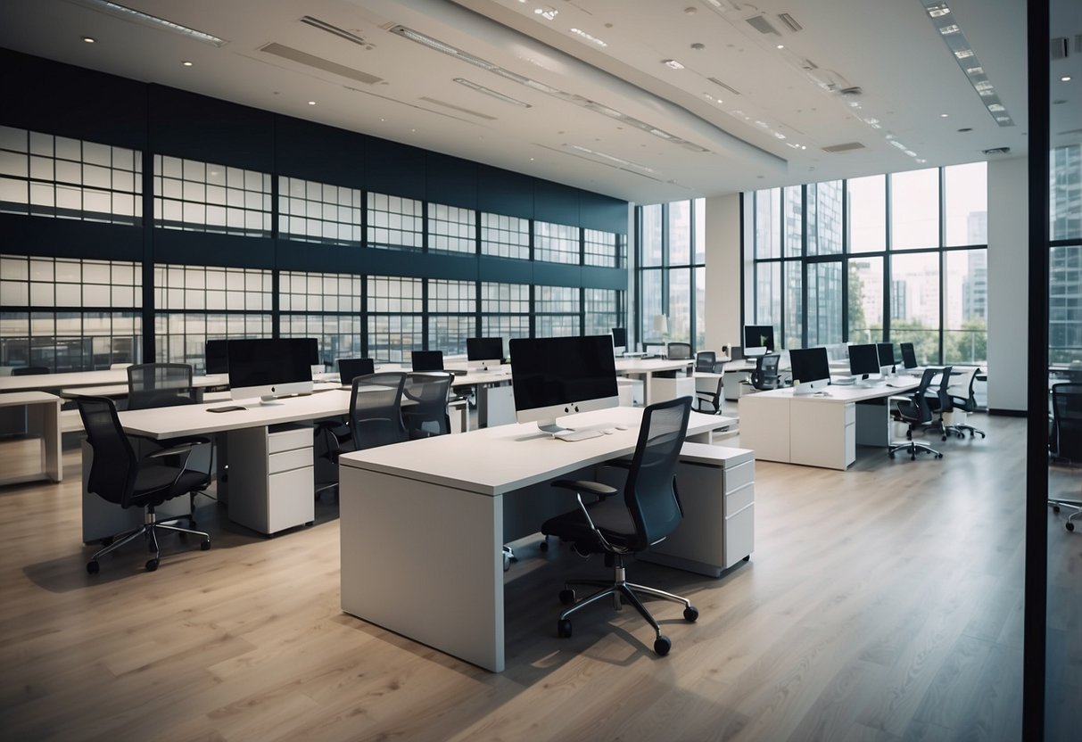 A showroom with rows of modern office furniture, bright lighting, and clean, minimalist decor. A sign displays "Office Furniture for Sale."