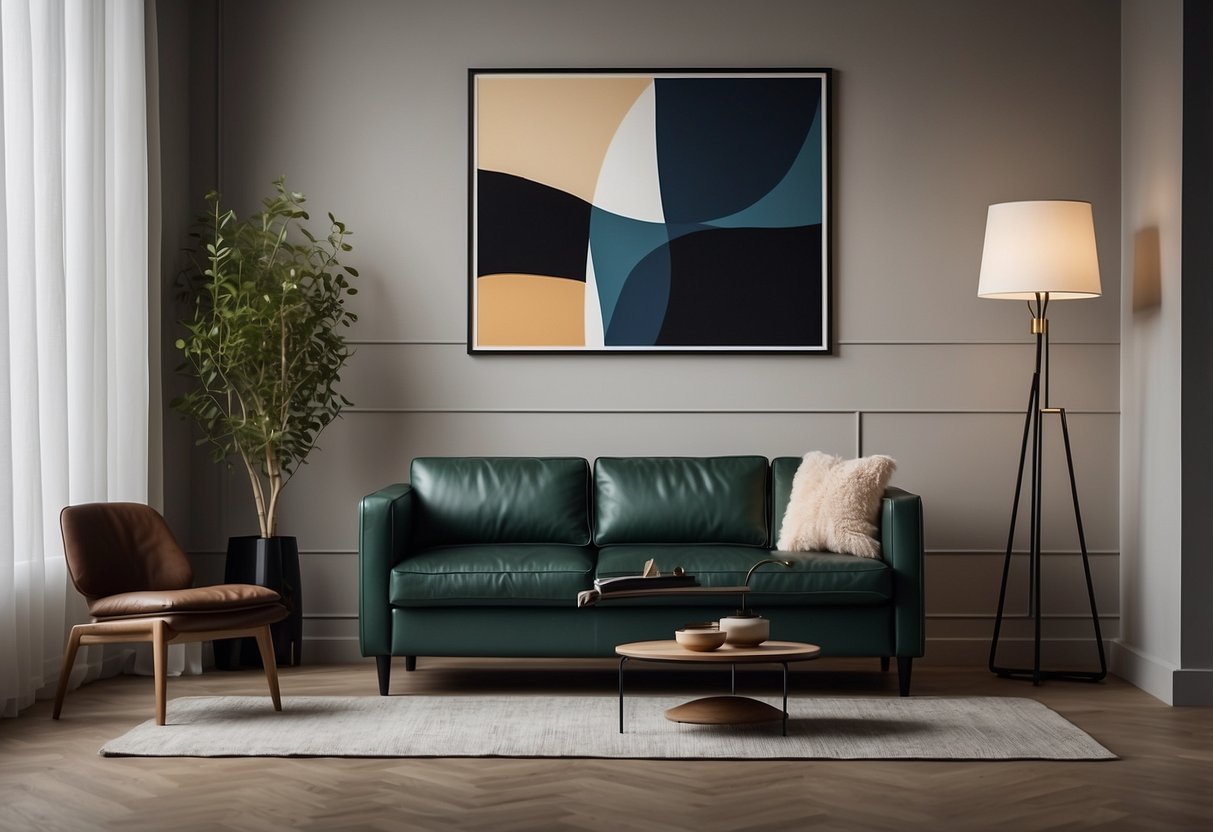 A sleek leather sofa sits beside a minimalist coffee table, framed by a modern floor lamp and abstract artwork on the wall