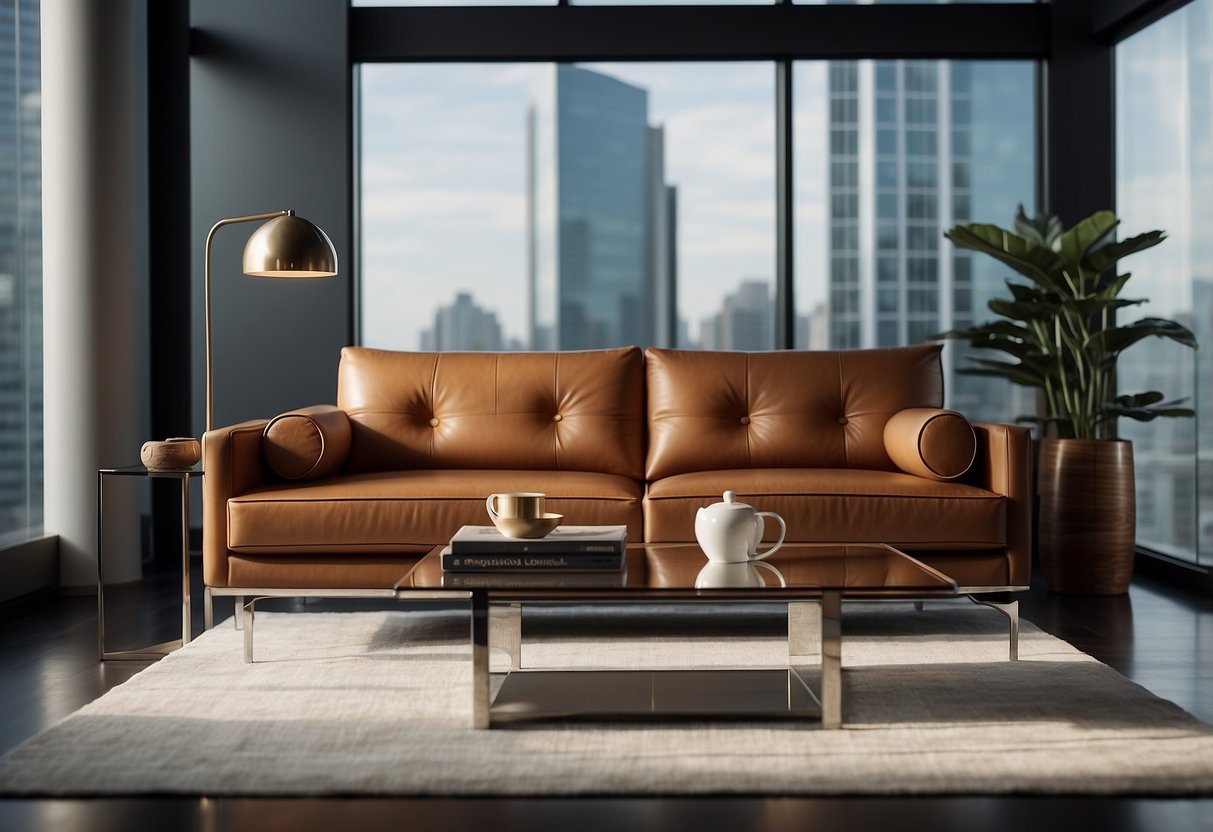 A sleek leather sofa sits against a backdrop of clean lines and minimalistic design. A glass coffee table with chrome accents complements the modern aesthetic