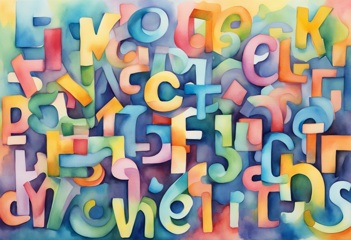 Colorful letters float in the air, forming words and sentences. Vowels and consonants dance together, creating a vibrant and dynamic composition