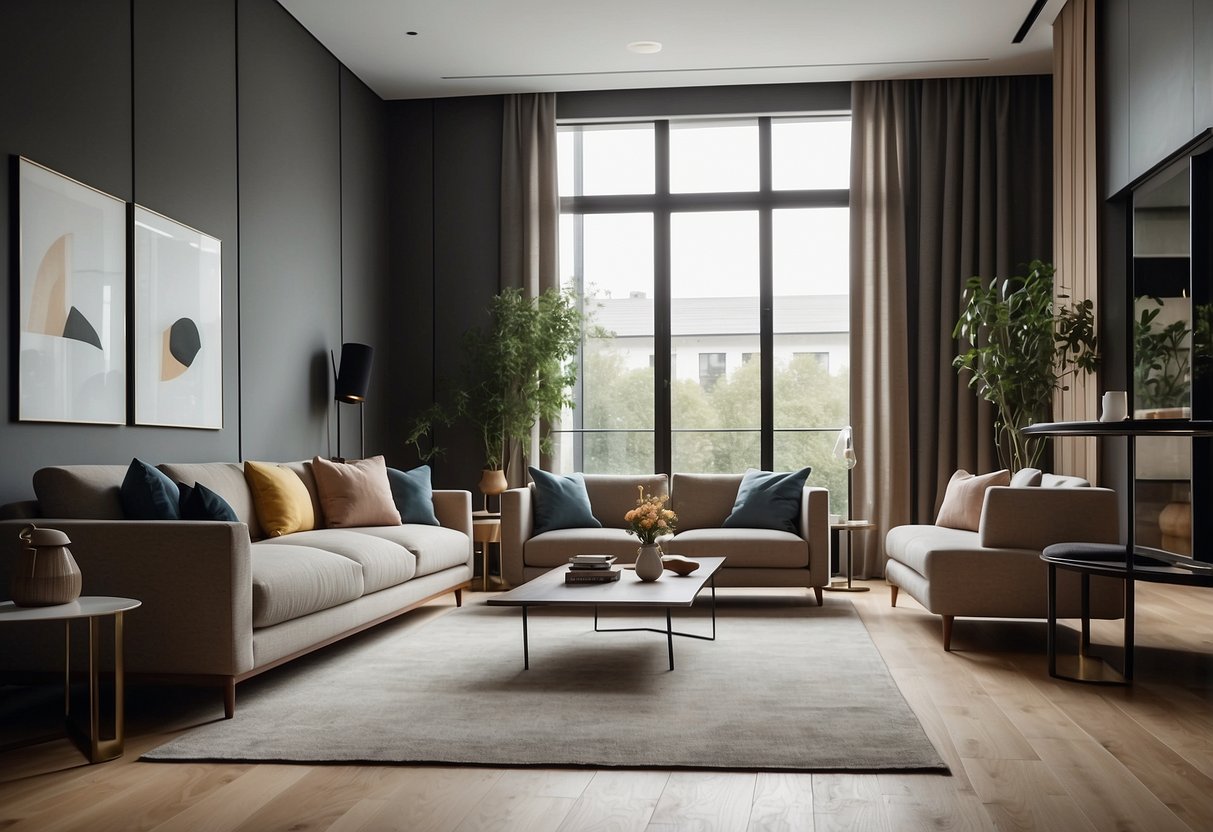 A modern living room with sleek, clean-lined furniture, a mix of neutral and bold colors, and minimalistic decor