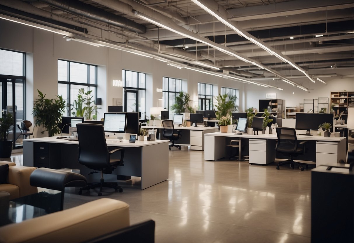 A busy office furniture showroom with customers browsing, staff assisting, and signs indicating "Frequently Asked Questions" section