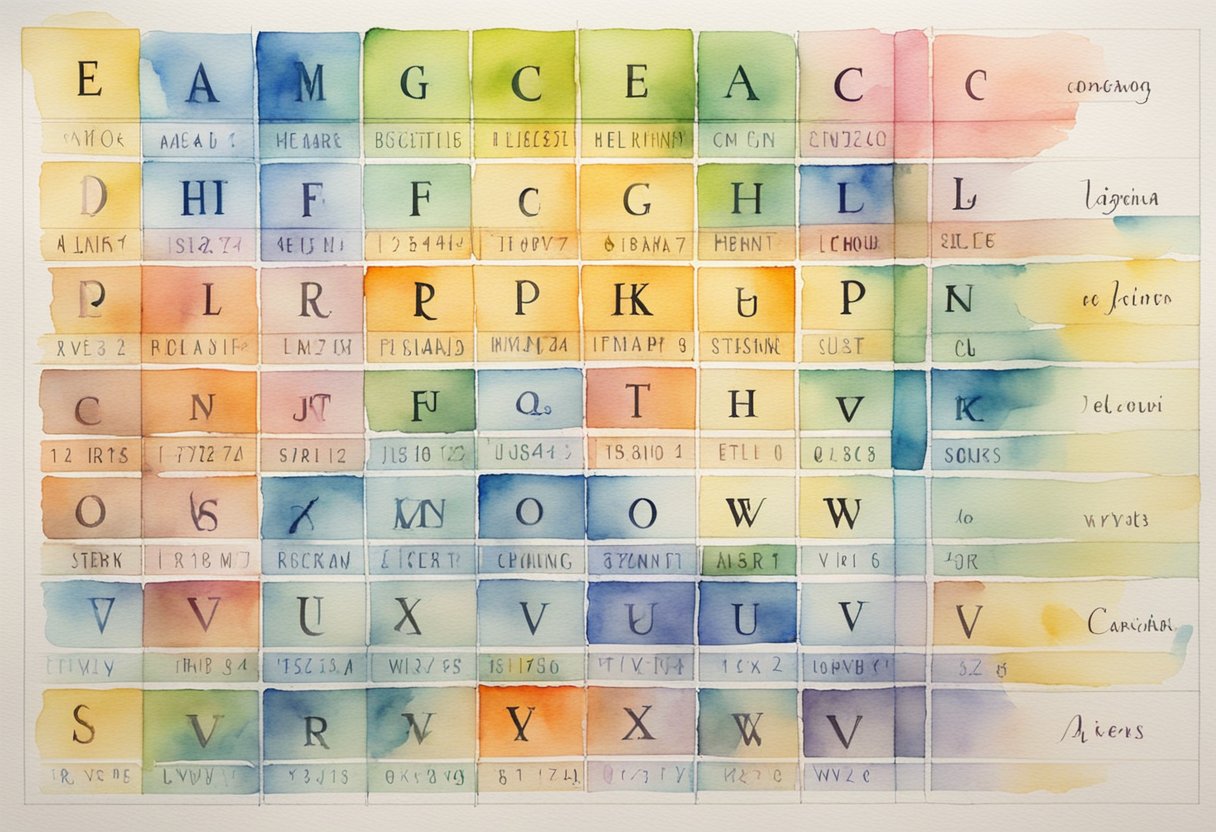 A colorful chart displays the English alphabet with vowels and consonants highlighted. Phonetics symbols accompany each letter for pronunciation guidance