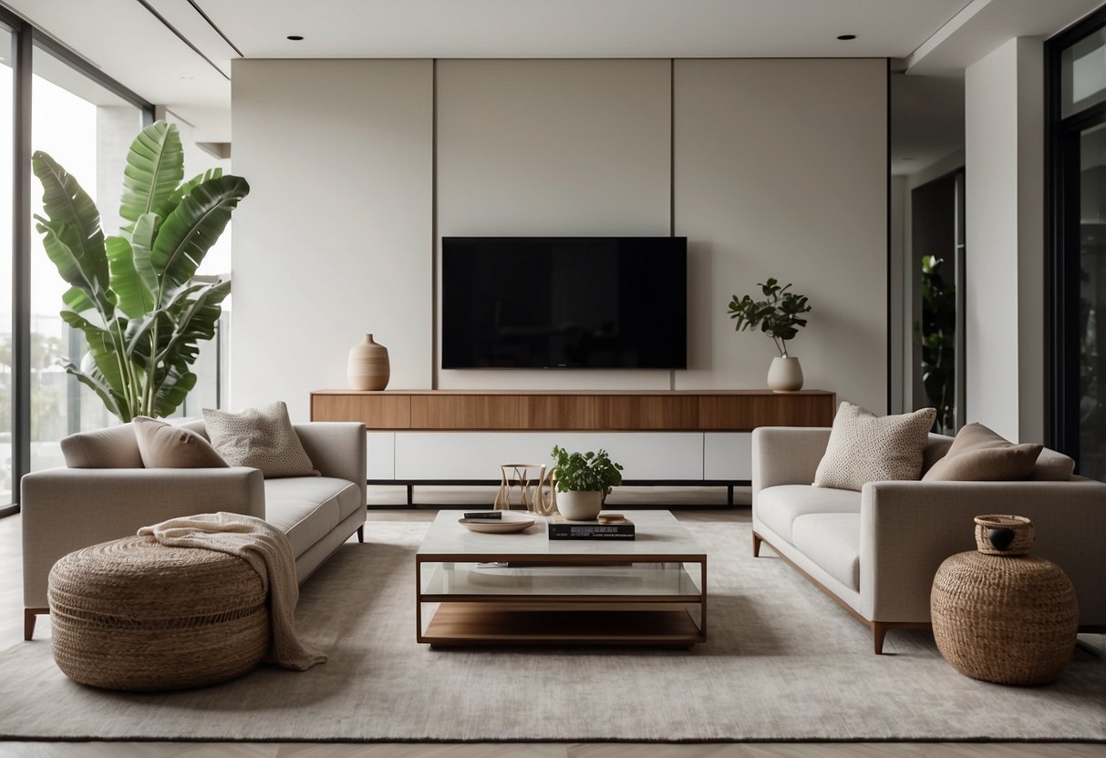A sleek, modern living room with clean lines and minimalist decor. A statement piece of classic contemporary furniture is the focal point, surrounded by neutral tones and natural light