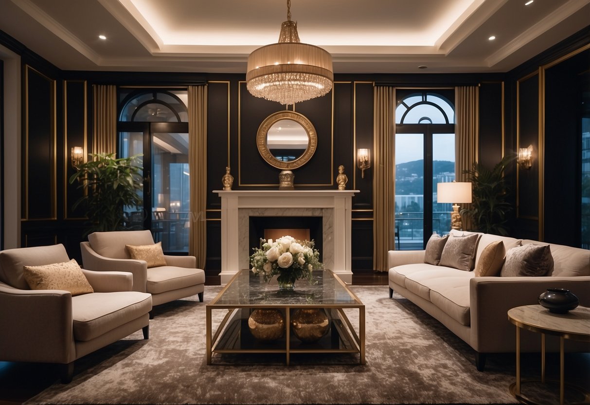A formal living room with elegant furniture arranged symmetrically around a grand fireplace and adorned with luxurious decorative accents