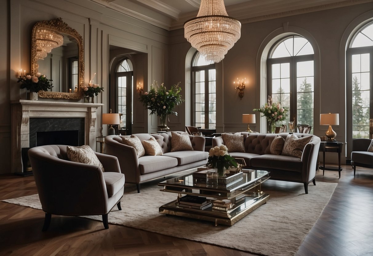 A formal living room with elegant furniture, including a plush sofa, ornate coffee table, and luxurious armchairs arranged around a grand fireplace