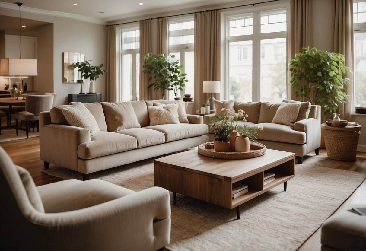 A spacious living room with a large, plush sofa and matching armchairs arranged around a coffee table. Soft, neutral colors and warm lighting create a cozy and inviting atmosphere