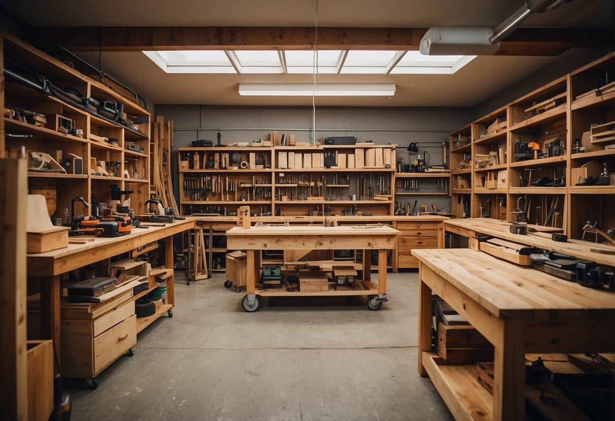 A workshop filled with woodworking tools and materials, with furniture in various stages of completion scattered throughout