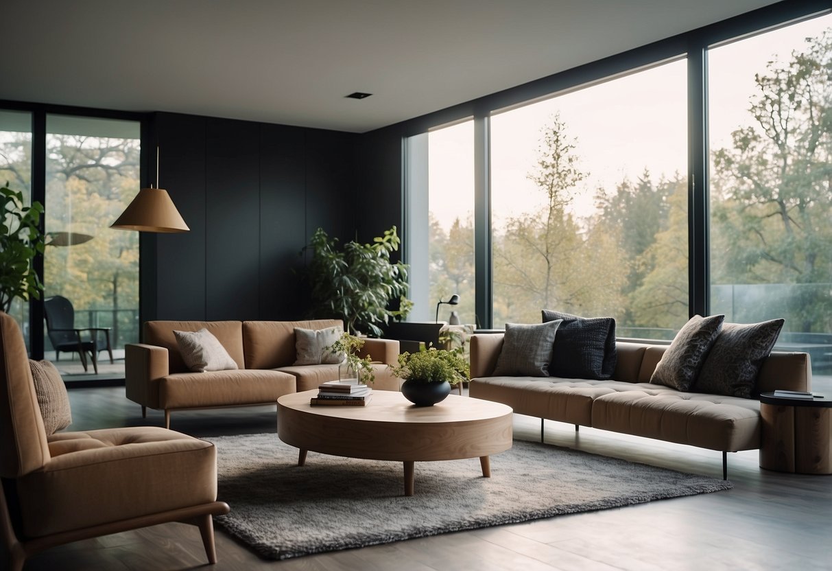 A modern living room with a sleek sofa, a minimalist coffee table, and a statement armchair. The room is bathed in natural light from large windows, and a contemporary rug ties the space together