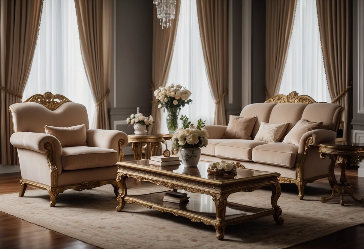 A formal living room with elegant, traditional furniture arranged in a symmetrical layout. A grand sofa and armchairs are complemented by a polished coffee table and ornate decor