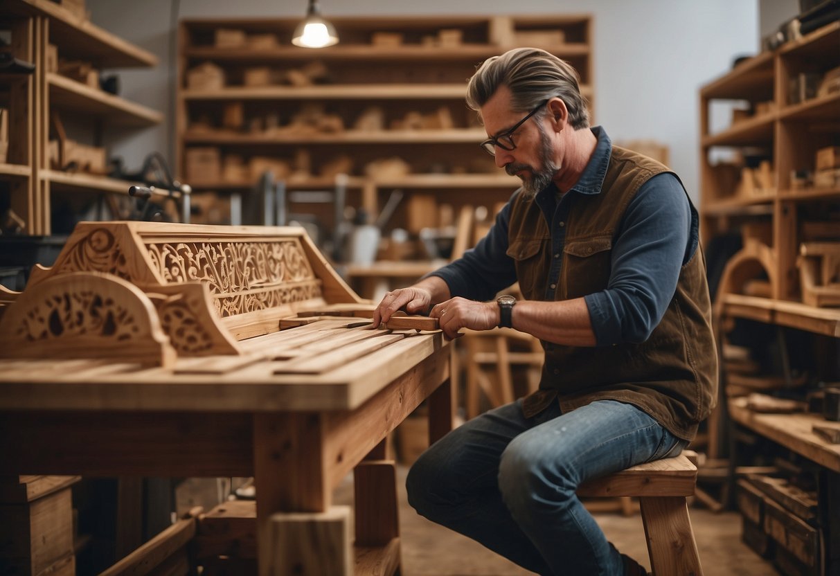 A woodworker meticulously carves intricate designs into a handcrafted chair, surrounded by shelves of beautifully finished furniture