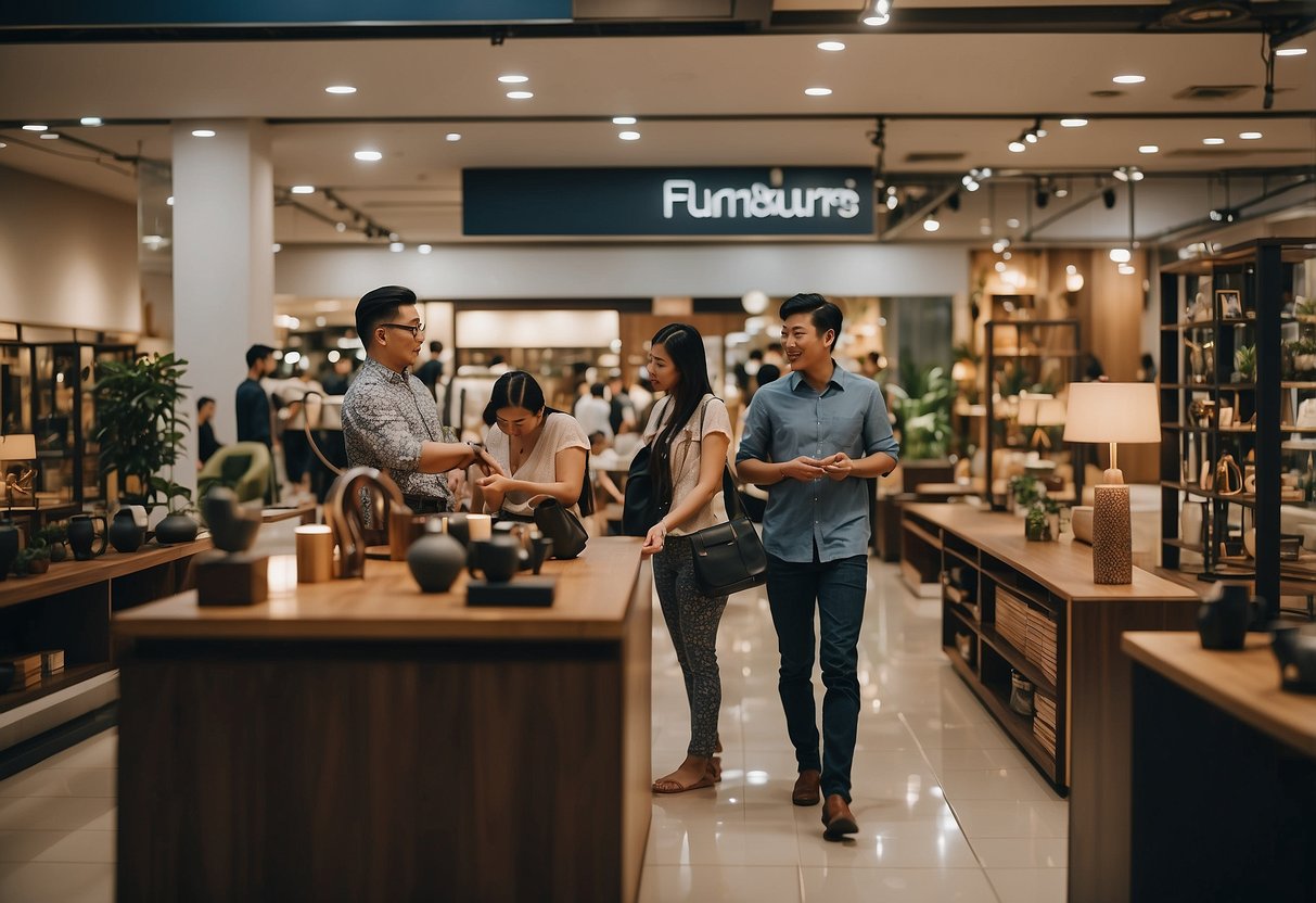 Customers browsing through various furniture displays in Furniture Mart Yishun