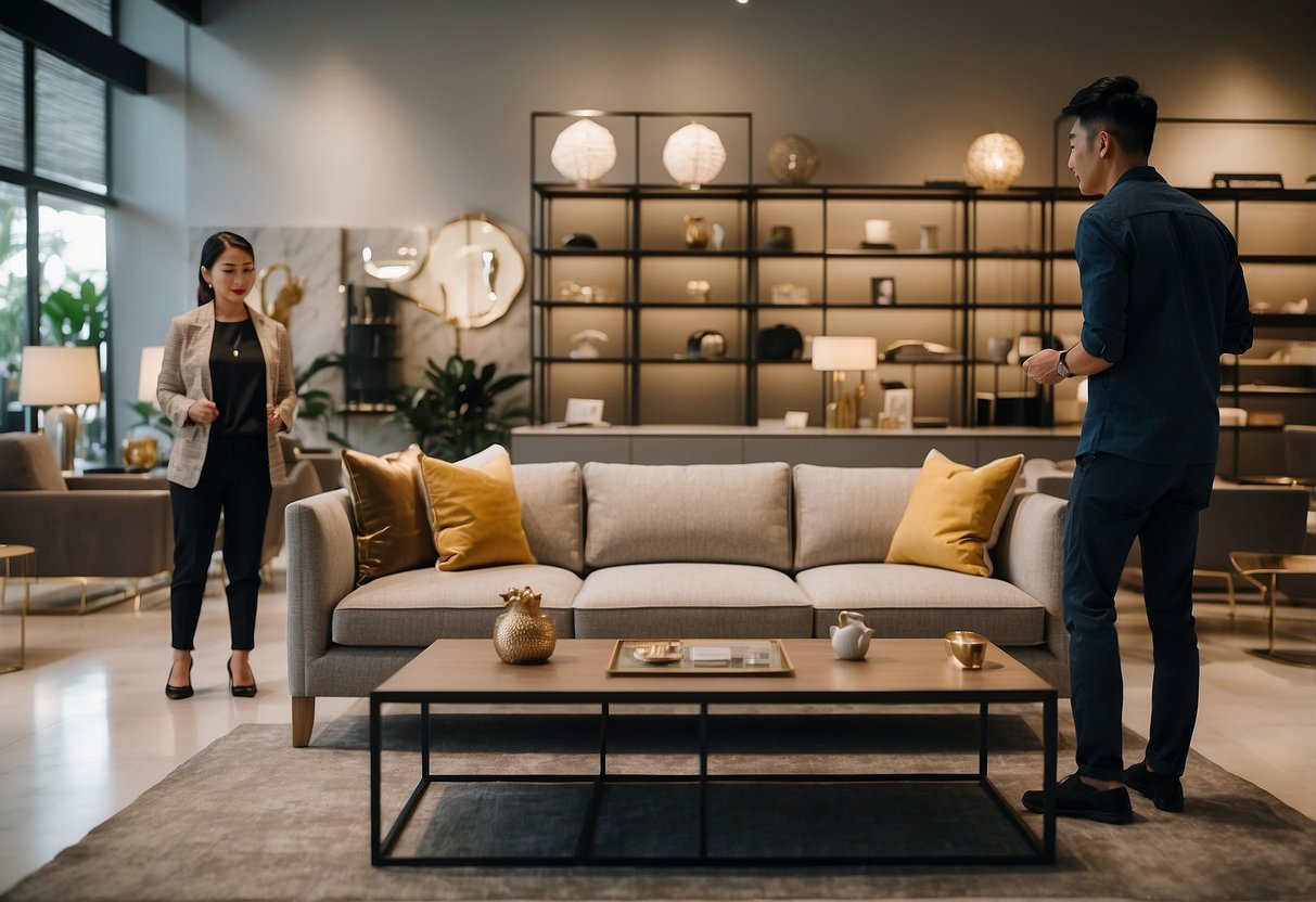 Customers browsing through Furniture King Singapore's showroom, admiring the sleek modern designs and luxurious upholstery. Shelves are neatly stacked with home decor and accessories, while staff members assist with inquiries