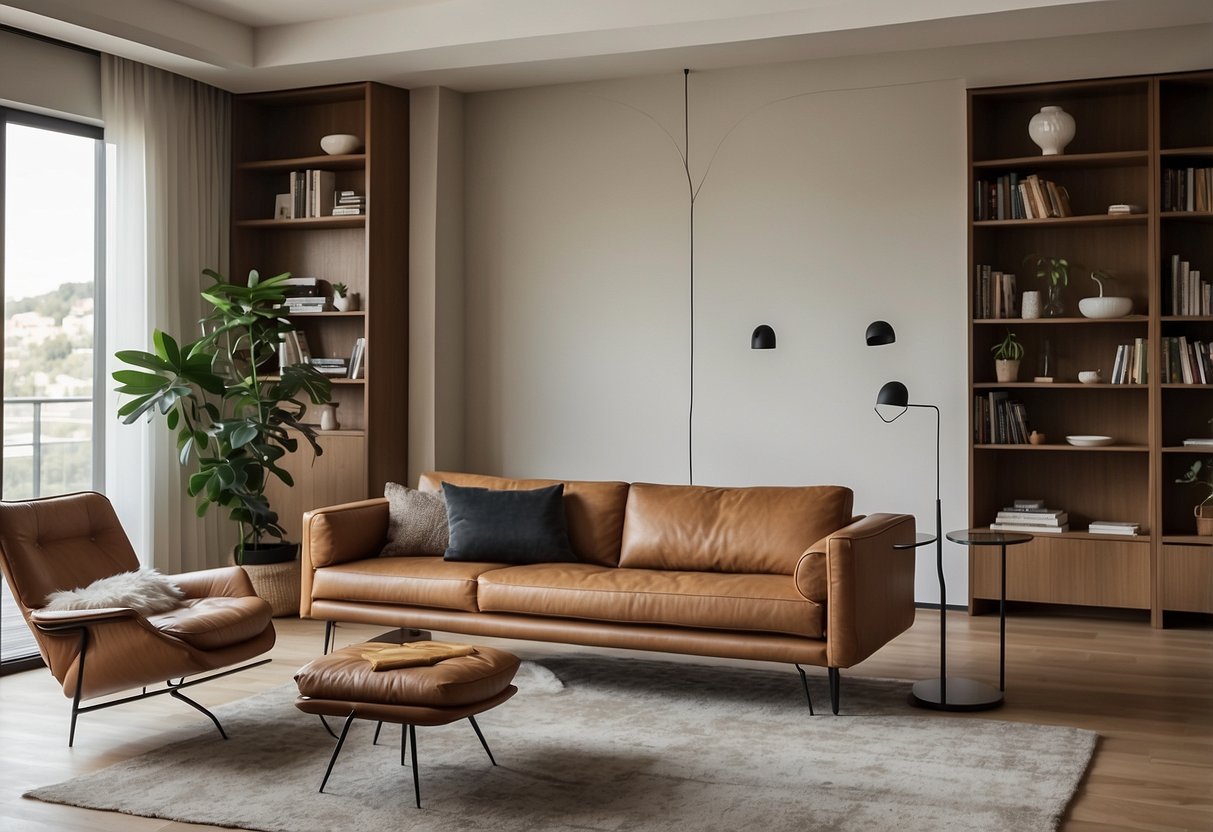 A modern living room with a cohesive aesthetic: a sleek leather sofa, a mid-century coffee table, and minimalist bookshelves against a neutral backdrop