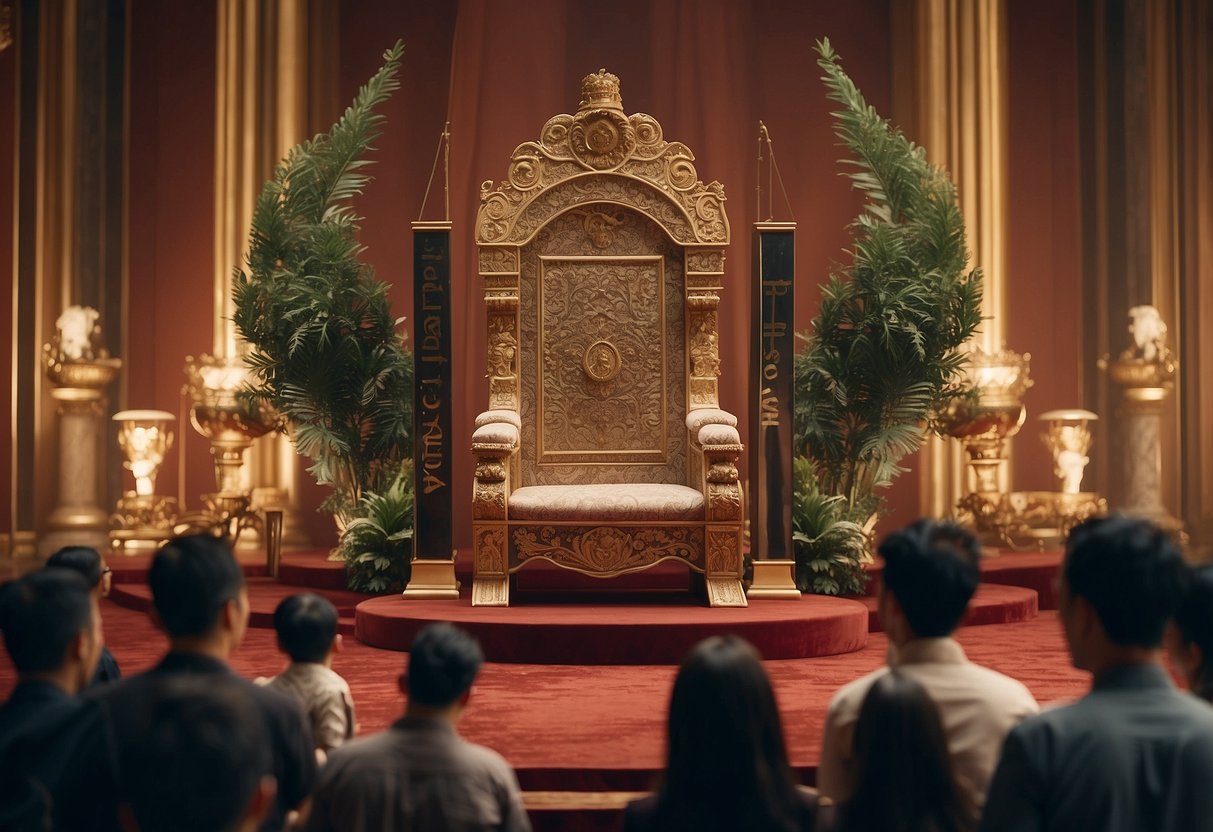 A regal throne surrounded by curious onlookers, with a crown hovering above, and a banner reading "Frequently Asked Questions furniture king singapore" displayed prominently