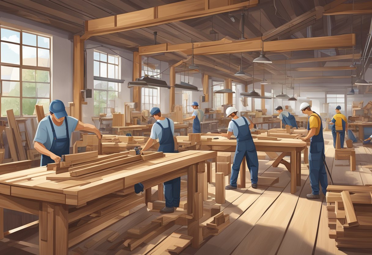 A bustling furniture workshop with workers assembling wooden pieces and machinery in the background