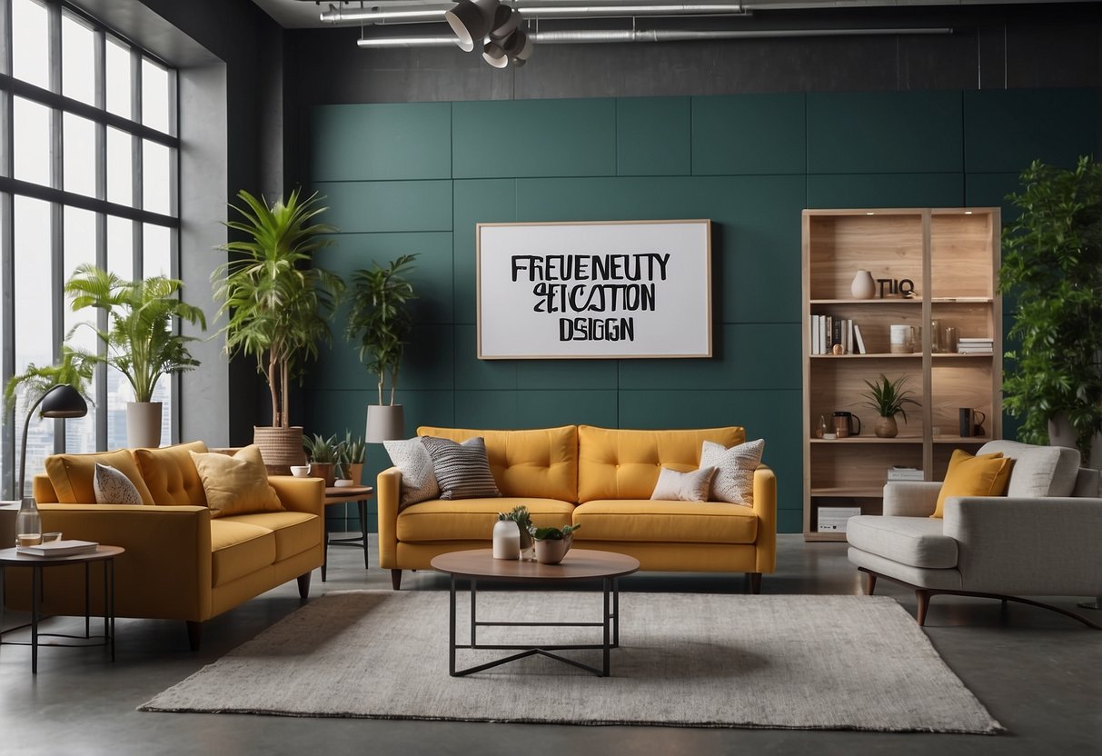 A room with various furniture options displayed, with a sign reading "Frequently Asked Questions: furniture selection interior design."