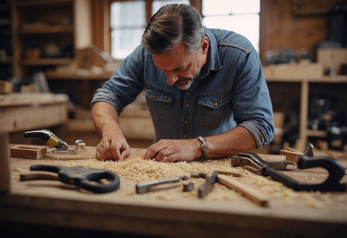 A craftsman builds a custom table, surrounded by tools and wood shavings