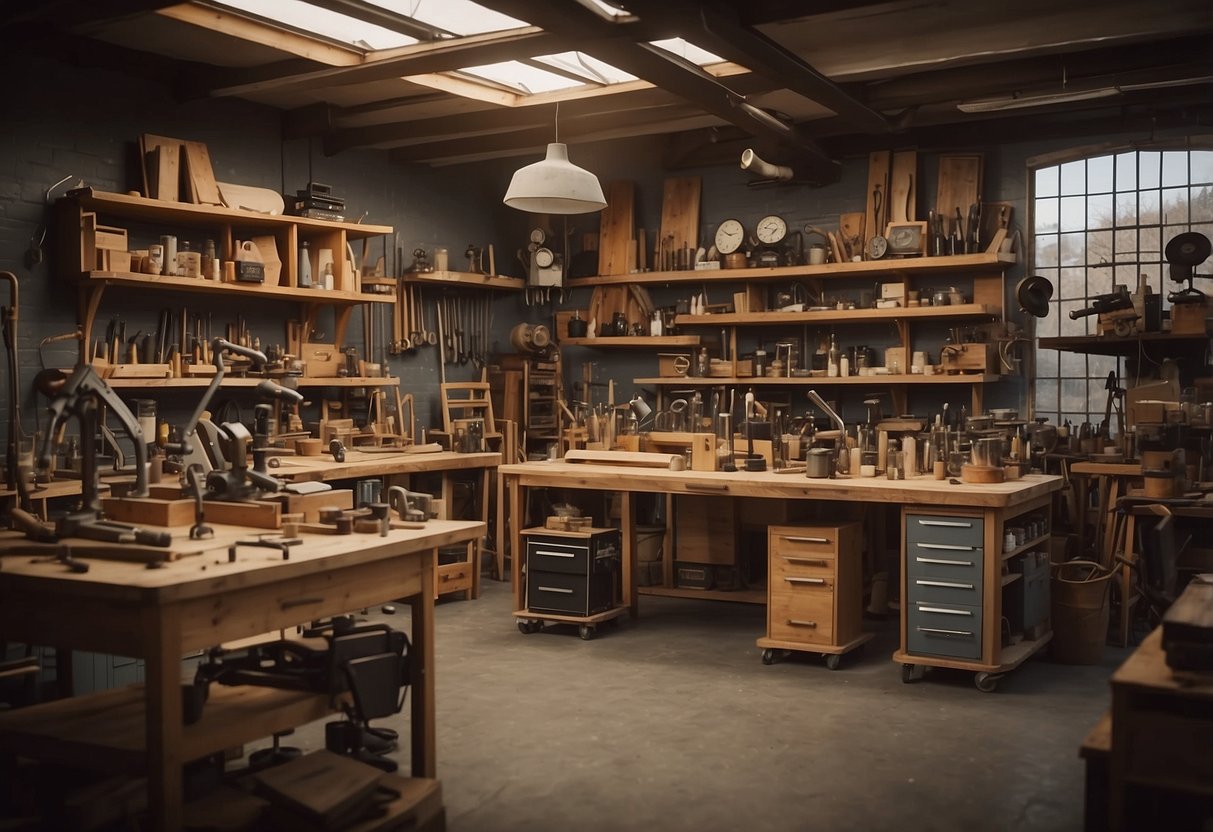 A workshop with various tools and materials, a sign reading "Frequently Asked Questions furniture makers near me" displayed prominently