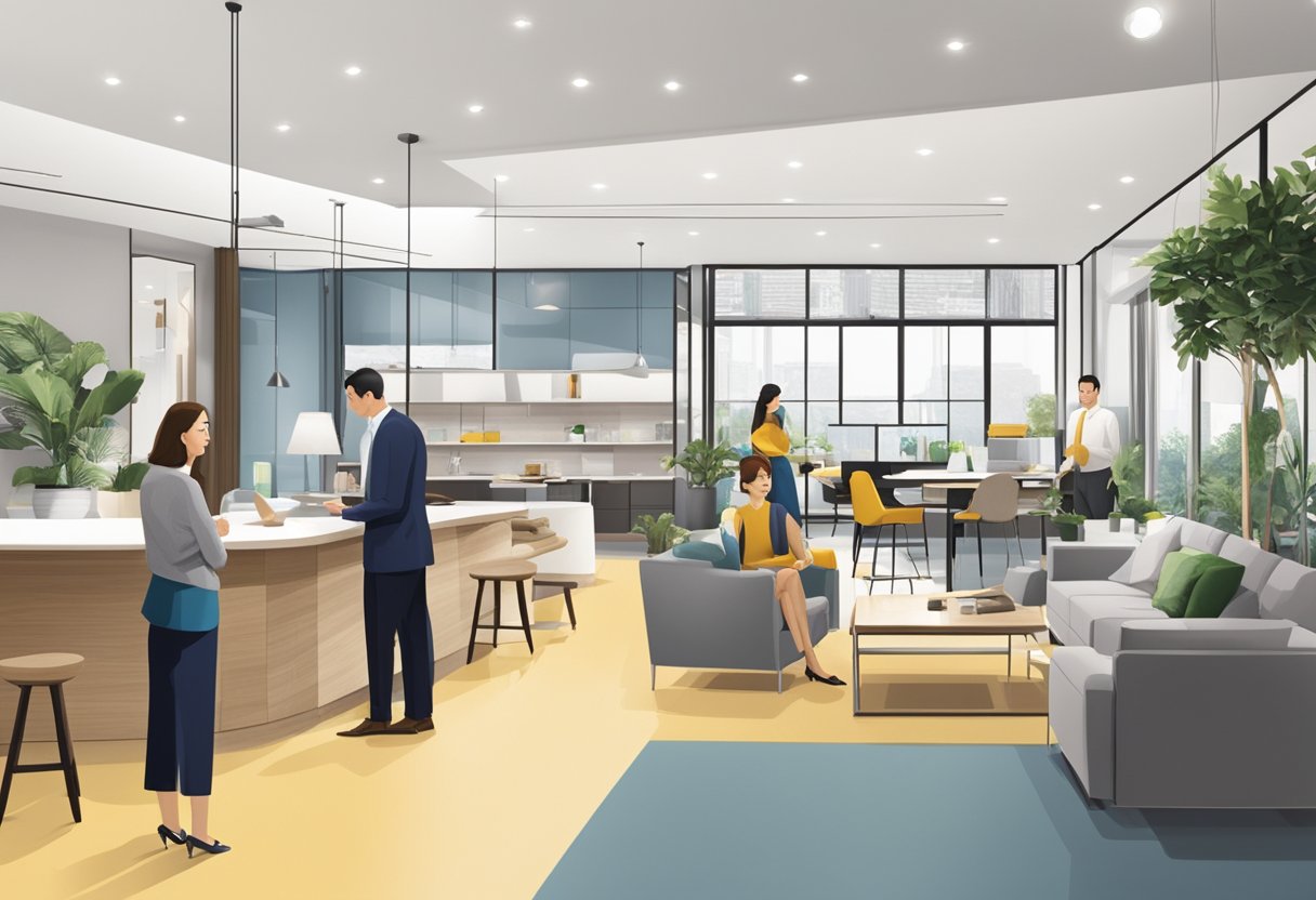 A bustling showroom filled with modern furniture displays, with clients engaged in conversations with sales representatives. The Thong Aik Furniture Construction logo prominently displayed, showcasing their industry presence