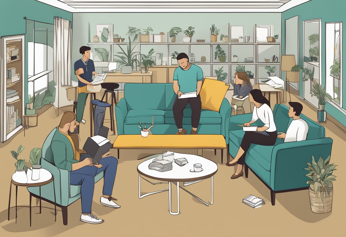 A group of people browsing through furniture pieces, with a sign reading "Frequently Asked Questions" displayed prominently
