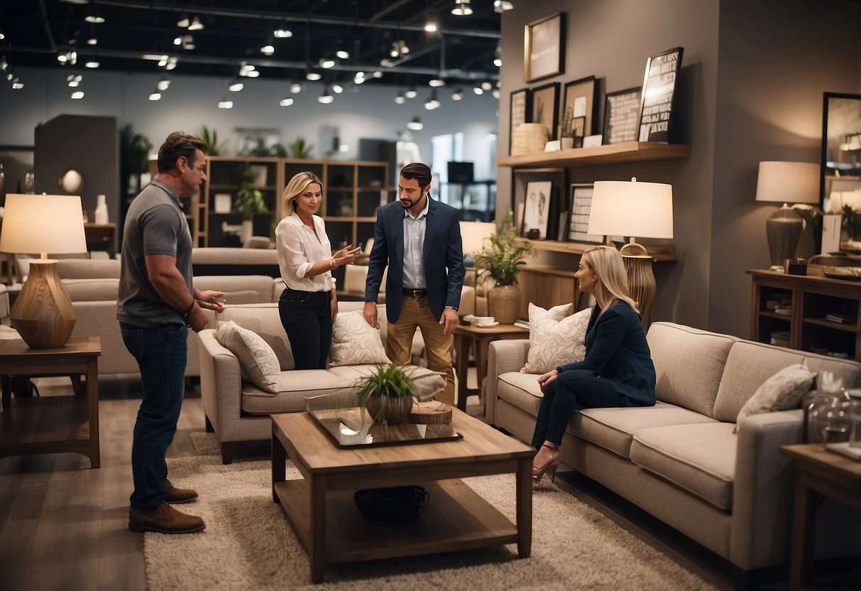 Customers browsing furniture displays at Coaster Furniture Outlet, with sales staff assisting and guiding them through the showroom