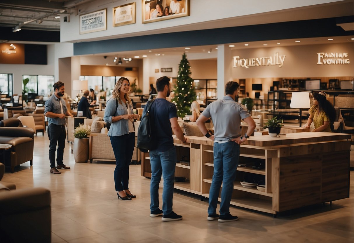 A busy furniture outlet with customers browsing, staff assisting, and a prominent "Frequently Asked Questions" sign near the entrance
