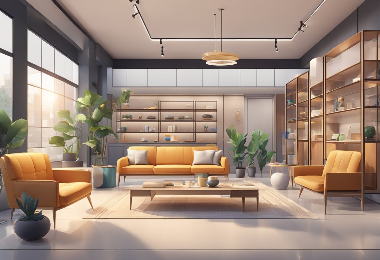 A spacious Taobao furniture showroom with modern displays and vibrant lighting. Various pieces arranged in stylish settings, creating an inviting atmosphere