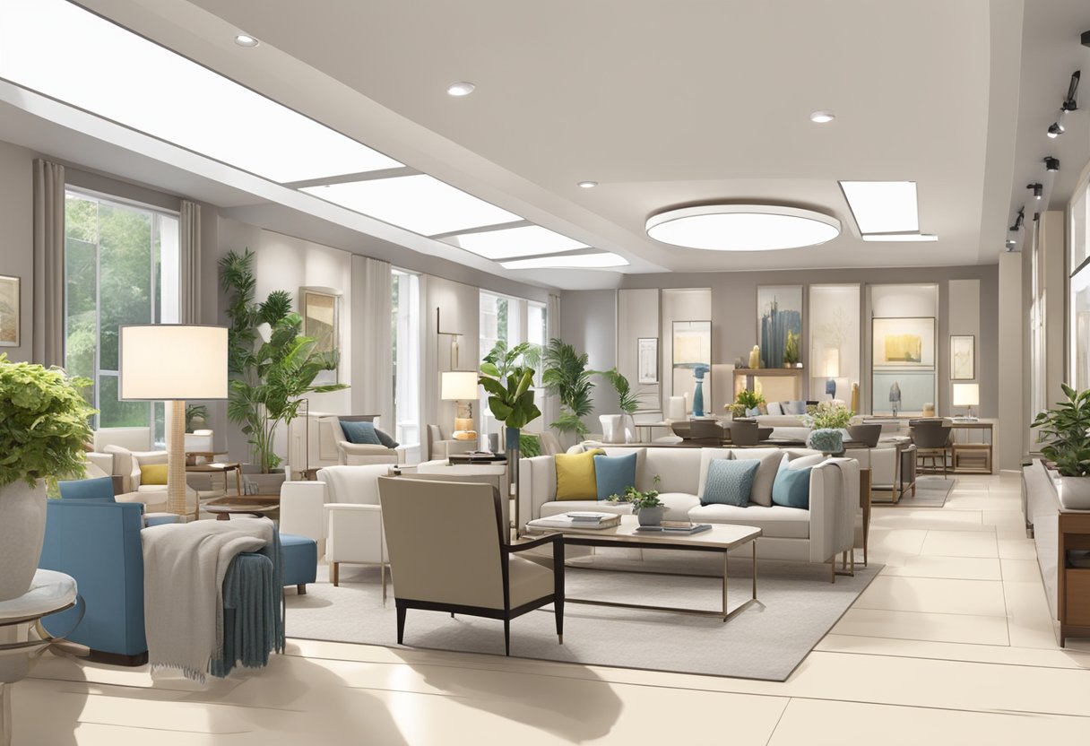 Customers browse through modern and traditional furniture displays in a spacious showroom. Bright lighting and clean, organized arrangements highlight the variety of styles available