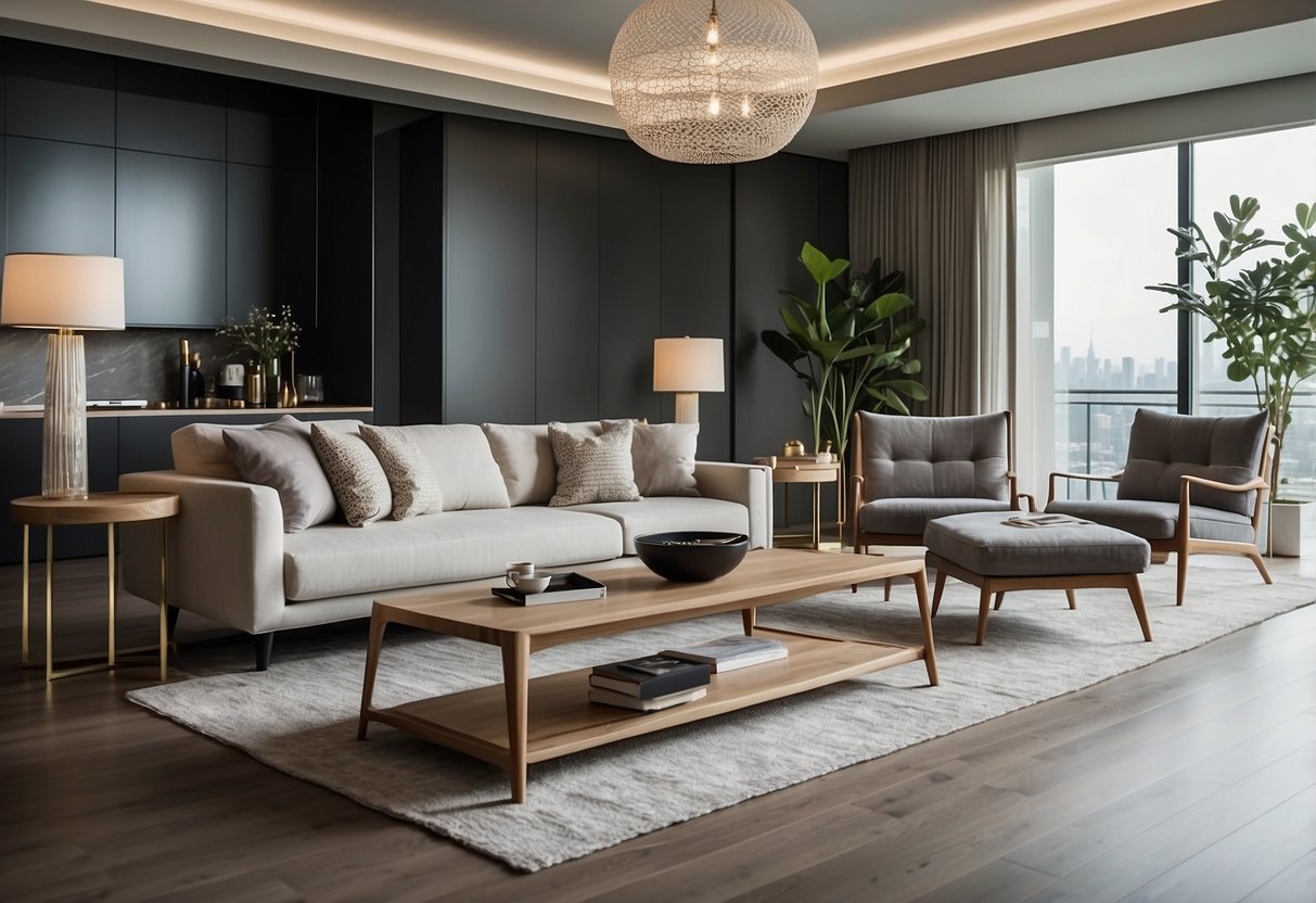 A modern living room with sleek Houzz furniture arranged in a minimalist style, featuring a comfortable sofa, coffee table, and stylish accent chairs