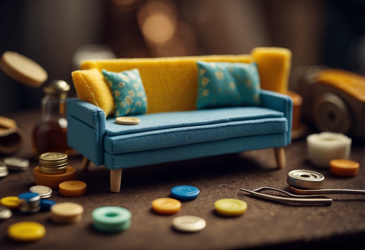A table with scissors, glue, and household items like bottle caps, fabric, and cardboard. A miniature sofa made from a sponge and fabric, a bed from matchboxes and toothpicks
