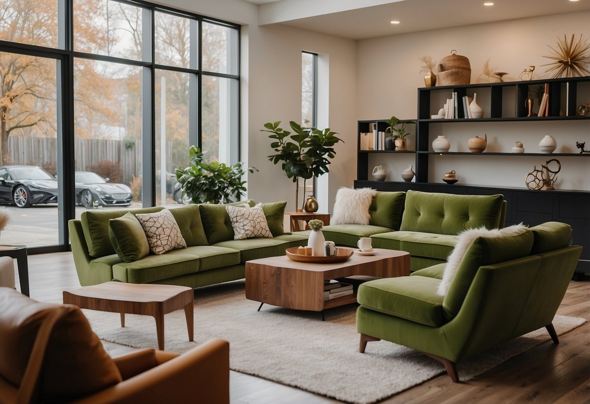 A person browsing Houzz furniture options, surrounded by a variety of stylish and modern furniture pieces
