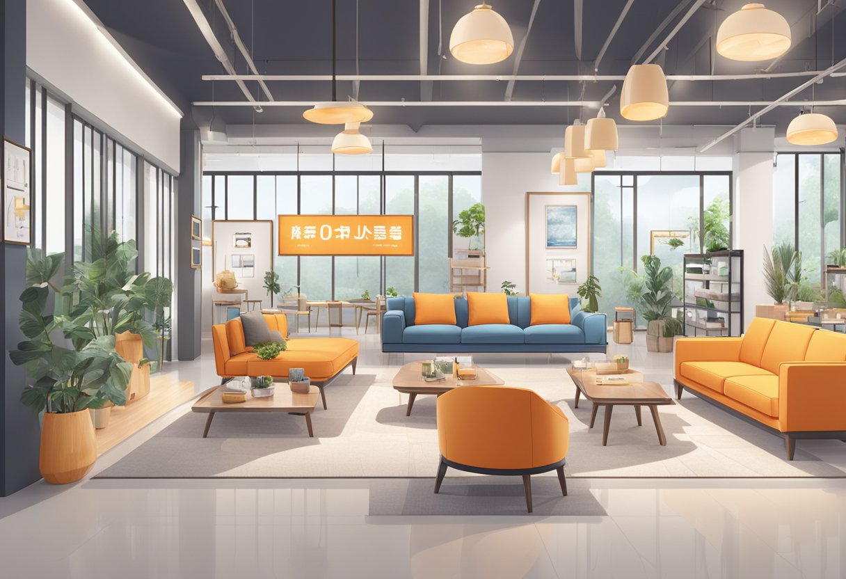 A spacious showroom filled with modern taobao furniture displays and signage for Frequently Asked Questions