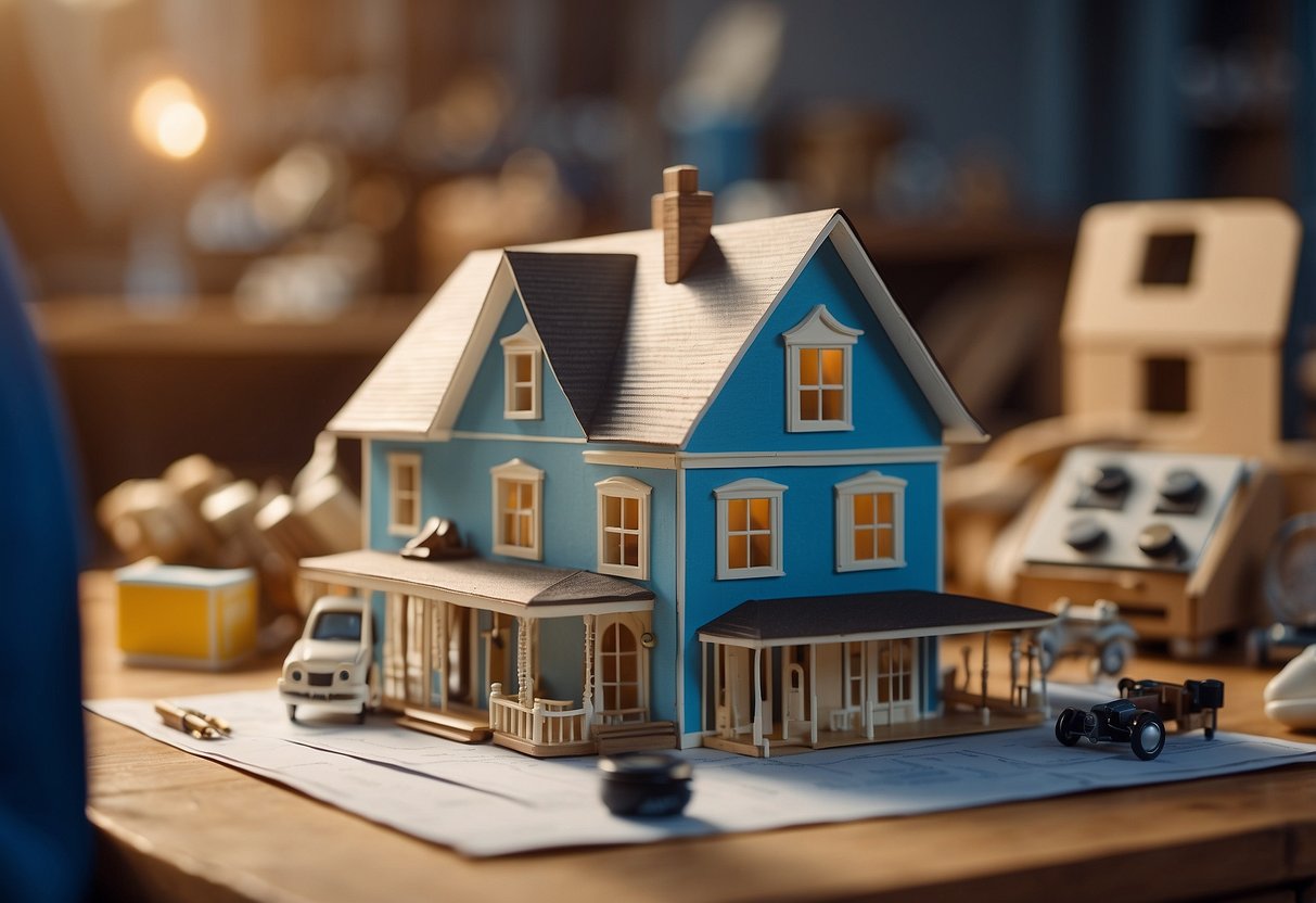 Various household items scattered on a table: cardboard, fabric, glue, scissors, paint, and small tools. A dollhouse blueprint sits nearby